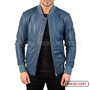 Blue Leather Bomber Jacket: Men&#39;s MA-1 Military Style, Handmade