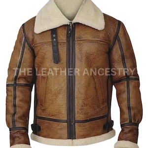 Men&#39;s Distressed Leather B3 Bomber Jacket: Shearling Lined WWII Aviator Coat