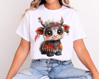 Boho Baby Yak PNG: Tribal Highland Cow Clipart for Sublimation