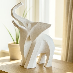 Modern White Elephant Statue, Minimalist Decor Sculpture for Home, Office, Living Room, Shelf, Tabletop Art Figurine, 3D Printed