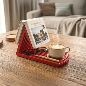 Op de afbeelding: Een rode, driehoekige boekenstandaard met een boek getiteld "HOME DESIGN" en een zwarte bril. Een gouden pen en een kopje koffie met latte art staan op de standaard. De standaard staat op een houten tafel.