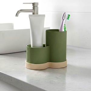 Modern Ribbed Toothbrush Holder & Toothpaste Stand, Removable Draining Tray, Customizable 2-Color Bathroom Organizer, Vanity Caddy