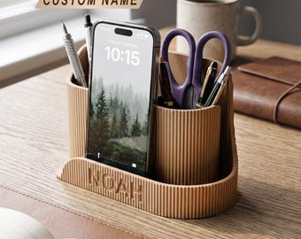 Personalized Desk Organizer with Phone Stand, Custom Name Pen Holder, Two-Tone Office Accessories
