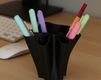 Modern Wavy Design Black Pen Holder , Minimalist Desk Organizer