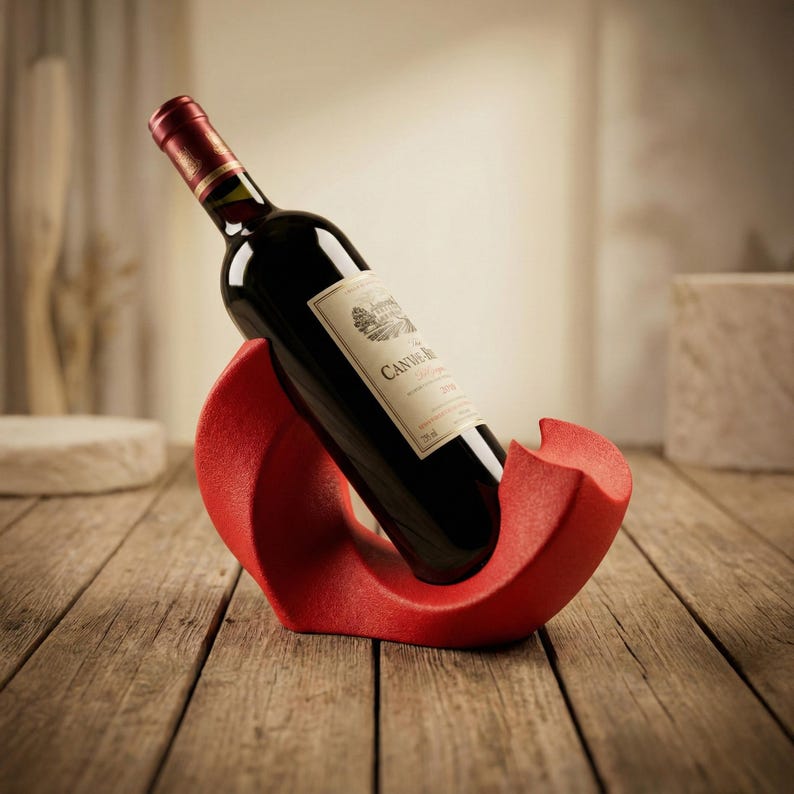 May include: A red, crescent-shaped wine bottle holder with a textured surface, cradling a dark glass wine bottle with a cream-colored label that reads CANWE-RO. The bottle is positioned at an angle, resting securely within the curved structure.