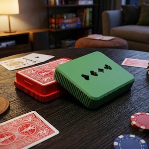 May include: A red and green card holder with a deck of cards and playing chips on a dark wooden table. The green holder has suit symbols cut into the top. The red card holder is next to it, with a deck of cards inside.