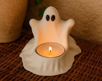 Cute Ghost Tealight Candle Holder, Halloween Decor, Spooky Minimalist Home Decoration, White Ghost Sculpture, Halloween Gift, Gift Ideas