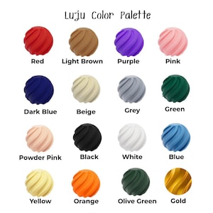 May include: The Luju Color Palette chart displays sixteen spherical beads with a spiral texture, each labeled with its corresponding color name: Red, Light Brown, Purple, Pink, Dark Blue, Beige, Grey, Green, Powder Pink, Black, White, Blue, Yellow, Orange, Olive Green, and Gold.