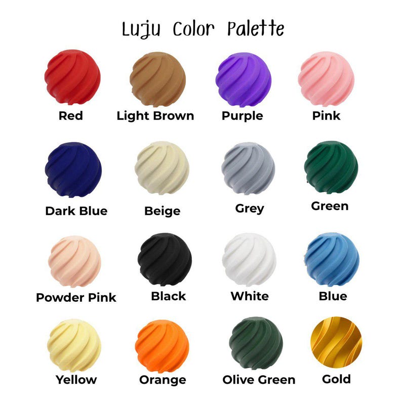 May include: The Luju Color Palette chart displays sixteen spherical beads with a spiral texture, each labeled with its corresponding color name: Red, Light Brown, Purple, Pink, Dark Blue, Beige, Grey, Green, Powder Pink, Black, White, Blue, Yellow, Orange, Olive Green, and Gold.