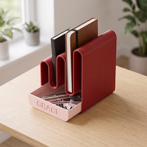 Pode incluir: Um organizador de secretária vermelho escuro com textura canelada e estrutura vertical ondulada que contém um caderno preto e um castanho. Uma gaveta deslizante rosa claro na base apresenta o nome GRACE em relevo e contém uma caneta prateada, tesoura e clipes.