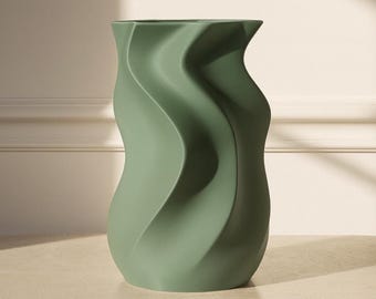 Modern Green Wavy Vase, Minimalist Tabletop Decor