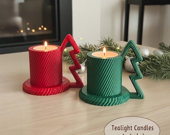 Christmas Tealight Holder Set of 2, Red and Green Holiday Decor, Modern Candle Stand with Tree Handle, Festive Table Centerpiece