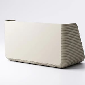 May include: A rectangular, off-white storage container with rounded corners and a smooth front panel. The sides and bottom feature a distinct, horizontal ribbed texture that wraps around the exterior, creating a contrast with the flat face.