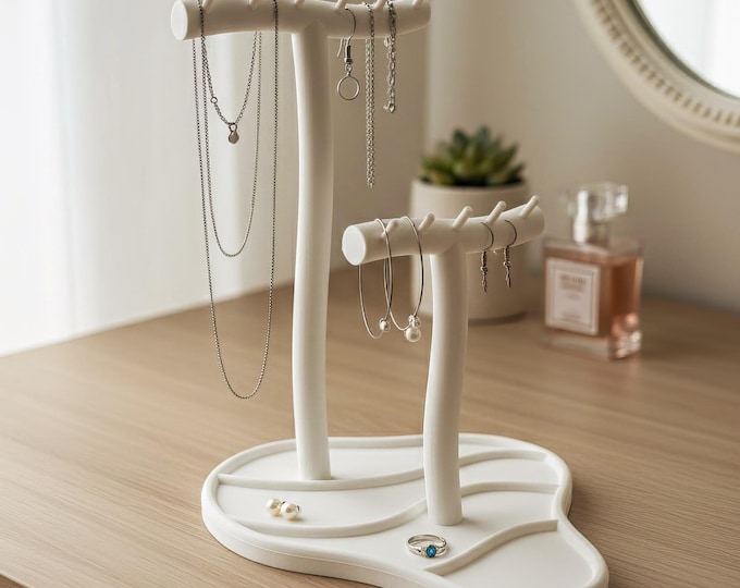 Modern White Jewelry Stand Organizer with Hooks for Necklaces, Bracelets, Earrings and Rings, Elegant Storage Display for Vanity Decor