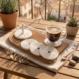 Può includere: Un vassoio di legno con una tazza di caffè, sottobicchieri e un supporto. La tazza è piena di caffè e poggia su un sottobicchiere bianco. Il vassoio contiene anche tre sottobicchieri bianchi aggiuntivi con un design a spirale.