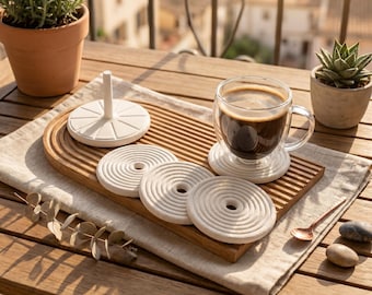 Modern Coaster Set with Holder, Spiral Design, Drink Coasters for Coffee, Tea Cups, Heat Resistant, Minimalist Home Table Decor, Gift Ideas