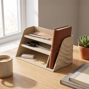 Pode incluir: Um organizador de secretária bege com um design de painel lateral ondulado, apresentando duas prateleiras horizontais e uma ranhura vertical. O organizador contém um caderno de capa de couro castanho, lápis de madeira, uma caneta e tesouras.
