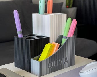 Personalized Modular Desk Organizer, Ribbed Pen Holder, Custom Name Office Decor