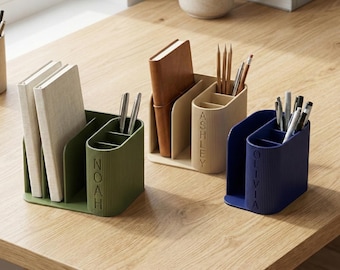 Personalized Desk Organizer with Name, Custom Office Storage for Notebooks & Pens, Minimalist Workspace Decor, Ribbed Design, Custom Color