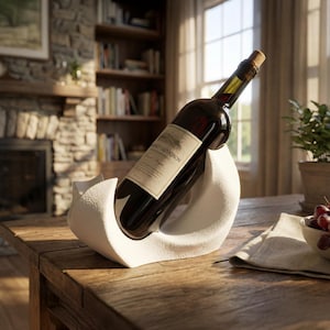 May include: A white, textured, crescent-shaped wine bottle holder cradling a dark glass bottle of Cabernet Sauvignon. The bottle is positioned at an angle with a cork stopper in the neck, resting securely within the curved, matte-finished stand.