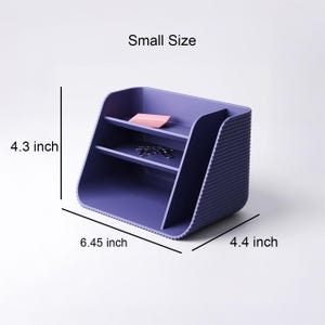 May include: A purple desk organizer with a ribbed exterior, featuring two horizontal shelves and a vertical compartment. The text Small Size is visible, with dimensions of 4.3 inches in height, 6.45 inches in width, and 4.4 inches in depth.
