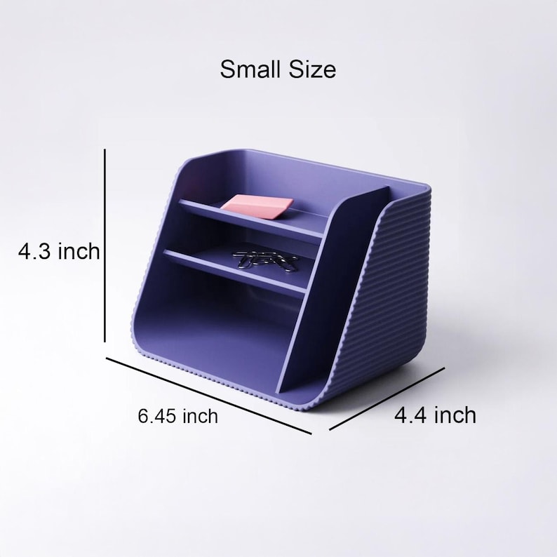 May include: A purple desk organizer with a ribbed exterior, featuring two horizontal shelves and a vertical compartment. The text Small Size is visible, with dimensions of 4.3 inches in height, 6.45 inches in width, and 4.4 inches in depth.