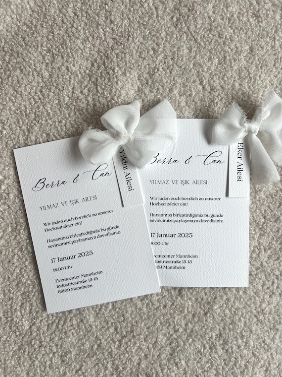 Einladungskarten mit Namen und Schleife | Davetiye | Hochzeit, Verlobung, Henna, Babyhower, Geburtstag etc.