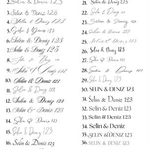 Może przedstawiać: Czarno-biała tabela typograficzna zatytułowana Schriftarten, przedstawiająca trzydzieści dziewięć ponumerowanych styl&oacute;w czcionek. Każdy wpis zawiera tekst Selin & Deniz 123 w r&oacute;żnych krojach pisma, ułożonych w dw&oacute;ch kolumnach.