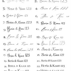 May include: A white background displays 27 different calligraphy font styles. Each style features the name "Beria & Kaan" followed by the number "123" or "125". The word "SCHRIFTARTEN" is at the top.