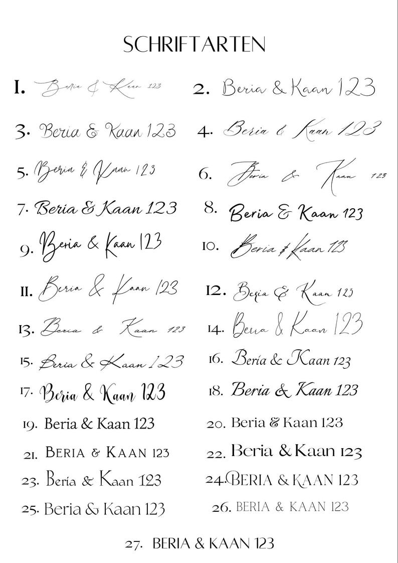 May include: A white background displays 27 different calligraphy font styles. Each style features the name "Beria & Kaan" followed by the number "123" or "125". The word "SCHRIFTARTEN" is at the top.