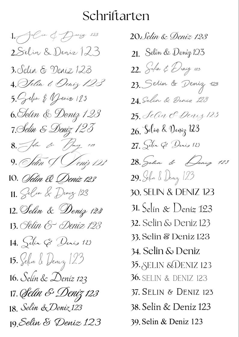 Pu&ograve; includere: Una tabella tipografica in bianco e nero intitolata Schriftarten, che mostra trentanove stili di carattere distinti. Ogni voce numerata presenta i nomi Selin & Deniz seguiti dai numeri 123, mostrando una variet&agrave; di caratteri corsivi e stampatelli.