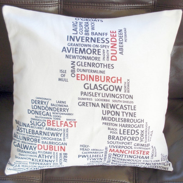 Pillow typography map England Ireland Wales Scotland UK city cushion cover black white red  16 x 16 inches olympics queens jubilee