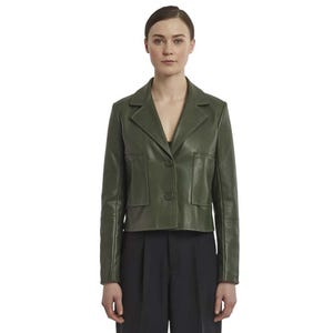 Real Leather Cropped Blazer – Green Genuine Leather Jacket – Minimalist Short Blazer for Women – Luxe Fall Fashion