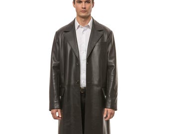 Trench in pelle da uomo / Soprabito lungo in pelle nera / Giacca classica in pelle formale