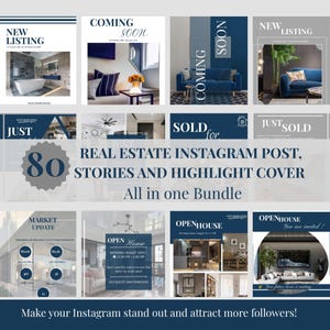 May include: A bundle of 80 real estate Instagram templates, stories, and highlight covers. The designs include phrases such as "New Listing," "Coming Soon," and "Open House," with interior design images. The text "Make your Instagram stand out" is also included.