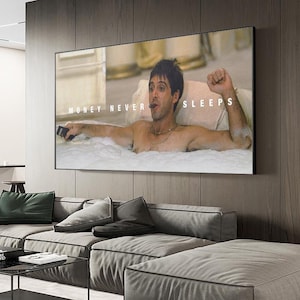 Scarface Money Never Sleeps Canvas Print Featuring Tony Montana in Bathtub Scene for Bold Gangster Wall Decor or Man Cave Aesthetic