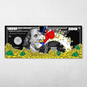 Scrooge McDuck Diving Into Gold Coins Canvas Art Print Money Wall Art Luxury Cartoon Dollar Bill Artwork Pop Art Home Office Decor Gift Idea