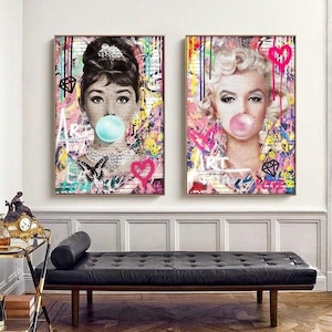 Marilyn Monroe Chewing Gum Street Art Pop Art Canvas Painting Hepburn Poster Print Pictures Home Decor Women Room Wall Art Mural