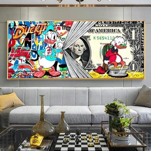 Donald Duck Graffiti-Kunst Gemälde an der Wand Kunst Poster und Drucke Dollar Geld Street Art Bilder Hauswanddekor