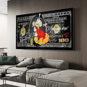 Donald Duck und 100 Dollars Pop Art Leinwand Poster und Drucke Moderne Geld Graffiti Kunst Gemälde an der Wand Bilder Dekor