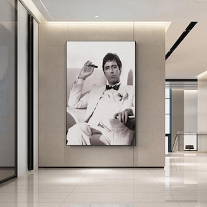 Tony Montana Vintage Gangster Wall Art Canvas Print of Iconic Movie Scene in Black and White for Home Office or Man Cave Decor Aesthetic