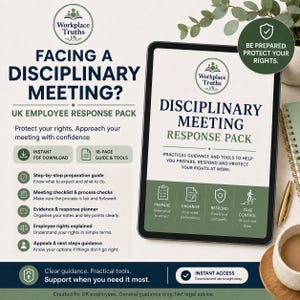 Peut inclure: Une tablette numérique affiche le texte "DISCIPLINARY MEETING RESPONSE PACK" avec des informations complémentaires. L'image comprend le texte "BE PREPARED. PROTECT YOUR RIGHTS." et "INSTANT ACCESS". Le produit est conçu pour aider à préparer, répondre et protéger les droits au travail.