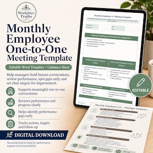 May include: A digital download of a monthly employee one-to-one meeting template. The template includes sections for employee well-being, performance, and engagement. It also includes guidance on challenges, actions, and follow-up. The image shows a tablet and a printed sheet.