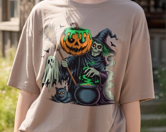 Vintage Halloween PNG: Spooky Ghost, Cat & Pumpkin Design (Digital Download)