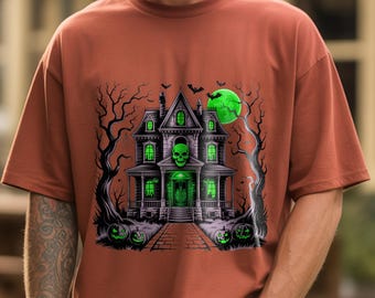 Vintage Haunted House Halloween T-Shirt Design: Skull Pumpkin Graphic (PNG Digital Download