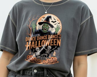 Spooky Witch T-Shirt Design: Vintage Halloween Skeleton Dance Graphic (Digital Download PNG File)