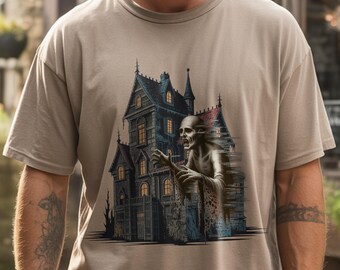Vintage Halloween T-Shirt Design: Haunted House, Skull, Pumpkin (PNG Digital Download)