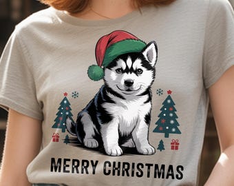 Husky Dog Merry Christmas PNG | Winter Puppy Santa Hat Sublimation Design