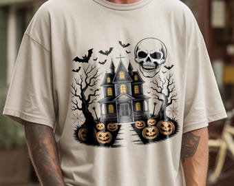 Vintage Halloween Shirt Design PNG: Haunted House, Skull, Pumpkin (Digital Download)