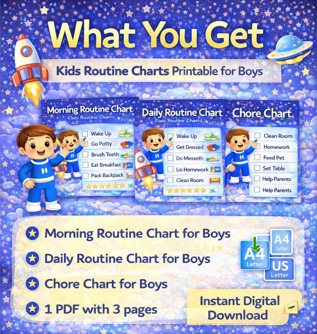Printable Kids Routine Chart for Boys – Morning Routine, Daily Chore ...